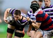 10 November 2024; David Walsh of Terenure is tackled by Johnny Cahalan of Clontarf during the Bank of Ireland JP Fanagan Premier League 1 match between Terenure and Clontarf at Lakelands Park in Dublin. Photo by David Fitzgerald/Sportsfile