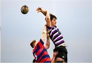 10 November 2024; Mark McDermott of Terenure in action against Charlie Coghlan of Clontarf during the Bank of Ireland JP Fanagan Premier League 1 match between Terenure and Clontarf at Lakelands Park in Dublin. Photo by David Fitzgerald/Sportsfile
