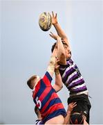 10 November 2024; Mark McDermott of Terenure in action against Charlie Coghlan of Clontarf during the Bank of Ireland JP Fanagan Premier League 1 match between Terenure and Clontarf at Lakelands Park in Dublin. Photo by David Fitzgerald/Sportsfile