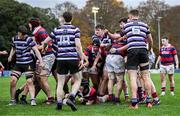 10 November 2024; Johnny Cahalan of Clontarf scores a try during the Bank of Ireland JP Fanagan Premier League 1 match between Terenure and Clontarf at Lakelands Park in Dublin. Photo by David Fitzgerald/Sportsfile