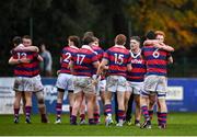 10 November 2024; Clontarf players celebrate after the Bank of Ireland JP Fanagan Premier League 1 match between Terenure and Clontarf at Lakelands Park in Dublin. Photo by David Fitzgerald/Sportsfile