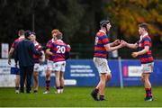 10 November 2024; Clontarf players celebrate after the Bank of Ireland JP Fanagan Premier League 1 match between Terenure and Clontarf at Lakelands Park in Dublin. Photo by David Fitzgerald/Sportsfile