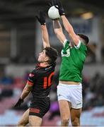 10 November 2024; Conor Doherty of Newbridge in action against Jack Conlon of Clann Éireann during the AIB Ulster GAA Senior Club Football Championship quarter-final match between Sean O'Leary GAC Newbridge and Clann Éireann at Celtic Park in Derry. Photo by Oliver McVeigh/Sportsfile