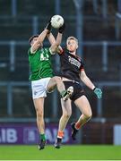 10 November 2024; Callum McGrogan of Newbridge in action against Michael O’Shea of Clann Éireann during the AIB Ulster GAA Senior Club Football Championship quarter-final match between Sean O'Leary GAC Newbridge and Clann Éireann at Celtic Park in Derry. Photo by Oliver McVeigh/Sportsfile