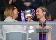 10 November 2024; Trina Murray, Leinster LGFA President, presents the cup to Emer Sweeney of Kilmacud Crokes after the 2024 AIB Leinster LGFA Senior Club Final between Eadestown and Kilmacud Crokes at Glenisk O’Connor Park in Tullamore, Offaly. Photo by Ray McManus/Sportsfile