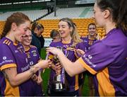 10 November 2024; Emer Sweeney of Kilmacud Crokes celebrates with teammates after the 2024 AIB Leinster LGFA Senior Club Final between Eadestown and Kilmacud Crokes at Glenisk O’Connor Park in Tullamore, Offaly. Photo by Ray McManus/Sportsfile