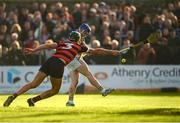 10 November 2024; Anthony Burns of Loughrea shoots to score his side's first goal despite the attention of James Garvey of Cappataggle during the Galway County Senior Club Hurling Championship final match between Cappataggle and Loughrea at Kenny Park in Athenry, Galway. Photo by Tom Beary/Sportsfile