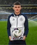 10 November 2024; EA SPORTS MU17 LOI Academy Player of the Season 2024 Dan Ring of Shelbourne at half-time of the Sports Direct Men's FAI Cup Final match between Drogheda United and Derry City at the Aviva Stadium in Dublin. Photo by Stephen McCarthy/Sportsfile