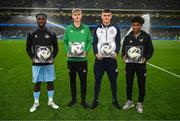 10 November 2024; LOI Academy Players of the Season 2024, from left, Bridel Bosakani of Drogheda United, Josh O’Dwyer of Shamrock Rovers, Dan Ring of Shelbourne and David Dunne of Cork City at half-time in the 2024 Sports Direct Men’s FAI Cup Final between Derry City and Drogheda United at the Aviva Stadium in Dublin. Photo by Stephen McCarthy/Sportsfile