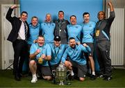 10 November 2024; Drogheda United coaches and backroom staff, back row, from left, Dermot McKenna, Keith Browne, Aaron Shanahan, Kevin Doherty, Daire Doyle, Luke Reilly and Kandan Loganathan, with, front row, Andrew Matthews, Conor Tully and Tiarnan Mulvenna pose for a photograph with the FAI Cup after the Sports Direct Men's FAI Cup Final match between Drogheda United and Derry City at the Aviva Stadium in Dublin. Photo by Stephen McCarthy/Sportsfile
