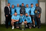 10 November 2024; Drogheda United coaches and backroom staff, back row, from left, Dermot McKenna, Keith Browne, Aaron Shanahan, Kevin Doherty, Daire Doyle, Luke Reilly and Kandan Loganathan, with, front row, Andrew Matthews, Conor Tully and Tiarnan Mulvenna pose for a photograph with the FAI Cup after the Sports Direct Men's FAI Cup Final match between Drogheda United and Derry City at the Aviva Stadium in Dublin. Photo by Stephen McCarthy/Sportsfile