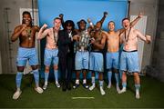 10 November 2024; Drogheda United players, from left, Aaron Harper Bailey, Jack Keaney, Zishim Bawa, Frantz Pierrot, Elicha Ahui, Douglas James-Taylor and James Bolger pose for a photograph with the FAI Cup after the Sports Direct Men's FAI Cup Final match between Drogheda United and Derry City at the Aviva Stadium in Dublin. Photo by Stephen McCarthy/Sportsfile