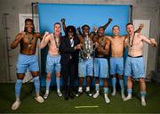 10 November 2024; Drogheda United players, from left, Aaron Harper Bailey, Jack Keaney, Zishim Bawa, Frantz Pierrot, Elicha Ahui, Douglas James-Taylor and James Bolger pose for a photograph with the FAI Cup after the Sports Direct Men's FAI Cup Final match between Drogheda United and Derry City at the Aviva Stadium in Dublin. Photo by Stephen McCarthy/Sportsfile