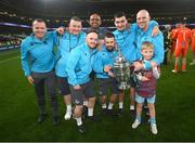 10 November 2024; Drogheda United backroom staff, from left, Keith Browne, Andrew Matthews, Conor Tully, front, Kandan Loganathan, Tiarnan Mulvenna, front, Luke Reilly and Aaron Shanahan celebrate with the FAI Cup after the Sports Direct Men's FAI Cup Final match between Drogheda United and Derry City at the Aviva Stadium in Dublin. Photo by Stephen McCarthy/Sportsfile