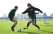 11 November 2024; Emma Gaughran, right, and Aoife Sheridan during a Republic of Ireland Women's Under-17 training session at the FAI National Training Centre in Abbotstown, Dublin. Photo by Piaras Ó Mídheach/Sportsfile