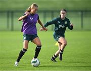 11 November 2024; Beatrice Silickaite, left, and Aoife Sheridan during a Republic of Ireland Women's Under-17 training session at the FAI National Training Centre in Abbotstown, Dublin. Photo by Piaras Ó Mídheach/Sportsfile