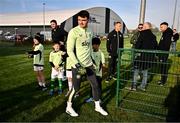 11 November 2024; Goalkeeper Max O'Leary with winners of the Elverys Sports competition before the FAI National Training Centre in Abbotstown, Dublin. Photo by Ben McShane/Sportsfile