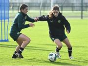 11 November 2024; Emma Gaughran, right, and Aoife Sheridan during a Republic of Ireland Women's Under-17 training session at the FAI National Training Centre in Abbotstown, Dublin. Photo by Piaras Ó Mídheach/Sportsfile
