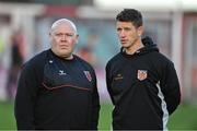 10 November 2024; Clann Éireann manager Ruairí Lavery, left, and Stevie McAreavey assistant manager before the AIB Ulster GAA Senior Club Football Championship quarter-final match between Sean O'Leary GAC Newbridge and Clann Éireann at Celtic Park in Derry. Photo by Oliver McVeigh/Sportsfile