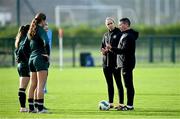 11 November 2024; Head coach James Scott and assistant coach Stephanie Zambra during a Republic of Ireland Women's Under-17 training session at the FAI National Training Centre in Abbotstown, Dublin. Photo by Piaras Ó Mídheach/Sportsfile