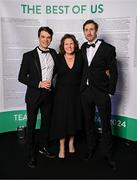 9 November 2024; Olympians Fintan McCarthy, left, and Eugene Coakley with Heather Boyle at the Team Ireland Centenary Olympic Ball, in the Clayton Hotel Burling Road in Dublin. Paris 2024 marked 100 years of Team Ireland competing at the Olympic Games. Photo by Seb Daly/Sportsfile