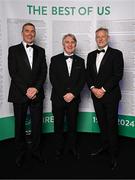 9 November 2024; Olympians, from left, Philip Collins, Paul Slane and Declan Lonergan in attendance at the Team Ireland Centenary Olympic Ball, in the Clayton Hotel Burling Road in Dublin. Paris 2024 marked 100 years of Team Ireland competing at the Olympic Games. Photo by Seb Daly/Sportsfile