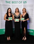 9 November 2024; Olympians, from left, Roisin Upton, Katie Mullan and Sarah Hawkshaw in attendance at the Team Ireland Centenary Olympic Ball, in the Clayton Hotel Burling Road in Dublin. Paris 2024 marked 100 years of Team Ireland competing at the Olympic Games. Photo by Seb Daly/Sportsfile