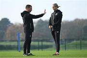 11 November 2024; Head coach James Scott and assistant coach Stephanie Zambra during a Republic of Ireland Women's Under-17 training session at the FAI National Training Centre in Abbotstown, Dublin. Photo by Piaras Ó Mídheach/Sportsfile
