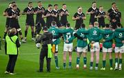 8 November 2024; New Zealand players perform the Haka before the Autumn Nations Series match between Ireland and New Zealand at the Aviva Stadium in Dublin. Photo by Sam Barnes/Sportsfile