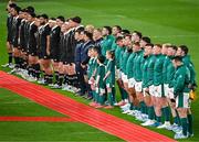 8 November 2024; Both teams stand for the national anthems before the Autumn Nations Series match between Ireland and New Zealand at the Aviva Stadium in Dublin. Photo by Sam Barnes/Sportsfile