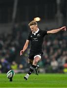 8 November 2024; Damian McKenzie of New Zealand kicks a penalty during the Autumn Nations Series match between Ireland and New Zealand at the Aviva Stadium in Dublin. Photo by Sam Barnes/Sportsfile