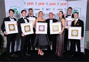 9 November 2024; The Paris 2024 Medallists were the winners of the PTSB Inspiring a Nation Award 2024 which was presented by Eamonn Crowley, CEO of PTSB, title sponsors to Team Ireland. Pictured are, from left, Rowing gold medallists Fintan McCarthy and Paul O’Donovan, Swimming gold and bronze medallist Daniel Wiffen, Swimming bronze medallist Mona McSharry, PTSB CEO Eamonn Crowley, Boxing gold medallist Kellie Harrington, Gymnastics gold medallist Rhys McClenaghan and Rowing bronze medallist Philip Doyle. Absent from the event is Rowing bronze medallist Daire Lynch. Photo by Brendan Moran/Sportsfile