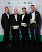 9 November 2024; Russell White, left, with Olympians, from left, Seamus Downey, Mark Downey and Philip Doyle in attendance at the Team Ireland Centenary Olympic Ball, in the Clayton Hotel Burling Road in Dublin. Paris 2024 marked 100 years of Team Ireland competing at the Olympic Games. Photo by Seb Daly/Sportsfile