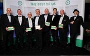 9 November 2024; Cycling Olympians, from left, Seamus Downey, David McCann, Tony Lally, Philip Cassidy, Kieron McQuaid, Mark Downey, Oliver McQuaid and John McQuaid in attendance at the Team Ireland Centenary Olympic Ball, in the Clayton Hotel Burling Road in Dublin. Paris 2024 marked 100 years of Team Ireland competing at the Olympic Games. Photo by Seb Daly/Sportsfile