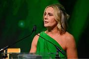 9 November 2024; Olympic President of Ireland president Sarah Keane speaking at the Team Ireland Centenary Olympic Ball, in the Clayton Hotel Burling Road in Dublin. Paris 2024 marked 100 years of Team Ireland competing at the Olympic Games. Photo by Brendan Moran/Sportsfile