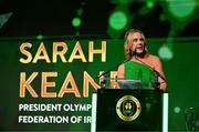 9 November 2024; Olympic President of Ireland president Sarah Keane speaking at the Team Ireland Centenary Olympic Ball, in the Clayton Hotel Burling Road in Dublin. Paris 2024 marked 100 years of Team Ireland competing at the Olympic Games. Photo by Brendan Moran/Sportsfile