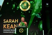 9 November 2024; Olympic President of Ireland president Sarah Keane speaking at the Team Ireland Centenary Olympic Ball, in the Clayton Hotel Burling Road in Dublin. Paris 2024 marked 100 years of Team Ireland competing at the Olympic Games. Photo by Brendan Moran/Sportsfile
