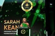 9 November 2024; Olympic President of Ireland president Sarah Keane speaking at the Team Ireland Centenary Olympic Ball, in the Clayton Hotel Burling Road in Dublin. Paris 2024 marked 100 years of Team Ireland competing at the Olympic Games. Photo by Brendan Moran/Sportsfile
