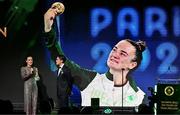 9 November 2024; Olympic medallist Kellie Harrington is interviewed by fellow Olympian Greg O'Shea at the Team Ireland Centenary Olympic Ball, in the Clayton Hotel Burling Road in Dublin. Paris 2024 marked 100 years of Team Ireland competing at the Olympic Games. Photo by Brendan Moran/Sportsfile