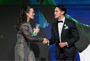 9 November 2024; Olympic medallist Kellie Harrington is interviewed by fellow Olympian Greg O'Shea at the Team Ireland Centenary Olympic Ball, in the Clayton Hotel Burling Road in Dublin. Paris 2024 marked 100 years of Team Ireland competing at the Olympic Games. Photo by Brendan Moran/Sportsfile