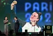 9 November 2024; Olympic medallist Kellie Harrington is interviewed by fellow Olympian Greg O'Shea at the Team Ireland Centenary Olympic Ball, in the Clayton Hotel Burling Road in Dublin. Paris 2024 marked 100 years of Team Ireland competing at the Olympic Games. Photo by Brendan Moran/Sportsfile
