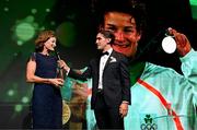 9 November 2024; Olympic medallist Sonia O'Sullivan is interviewed by fellow Olympian greg O'Shea at the Team Ireland Centenary Olympic Ball, in the Clayton Hotel Burling Road in Dublin. Paris 2024 marked 100 years of Team Ireland competing at the Olympic Games. Photo by Brendan Moran/Sportsfile