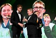 9 November 2024; The Paris 2024 Medallists were the winners of the PTSB Inspiring a Nation Award 2024 which was presented by Eamonn Crowley, CEO of PTSB, title sponsors to Team Ireland. Pictured is Swimming gold and bronze medallist Daniel Wiffen being presemted with his award by PTSB CEO Eamonn Crowley.