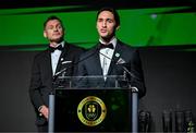 9 November 2024; MC's and Olympians Greg O'Shea, right, and David Gillick at the Team Ireland Centenary Olympic Ball, in the Clayton Hotel Burling Road in Dublin. Paris 2024 marked 100 years of Team Ireland competing at the Olympic Games. Photo by Brendan Moran/Sportsfile