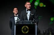 9 November 2024; MC's and Olympians David Gillick, right, and Greg O'Shea at the Team Ireland Centenary Olympic Ball, in the Clayton Hotel Burling Road in Dublin. Paris 2024 marked 100 years of Team Ireland competing at the Olympic Games. Photo by Brendan Moran/Sportsfile