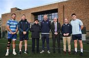 12 November 2024; Head coach Leo Cullen and players Will Connors, left, and Dan Sheehan with, from left, Kieran Hurrell of Clongowes Wood College, Clongowes Wood College director Michael Shield, Clongowes Wood College principal Chris Lumb and Clongowes Wood College director of sport Johnny O'Donoghue during a field session as part of the Leinster Rugby 12 County Tour in Clongowes Wood College in Clane, Kildare.  Photo by Brendan Moran/Sportsfile