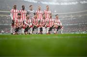 10 November 2024; The Derry City team, back row, from left, Andre Wisdom, Sadou Diallo, goalkeeper Brian Maher, Mark Connolly and Shane McEleney, with, front row, Adam O'Reilly, Paul McMullan, Ronan Boyce, Patrick McEleney, Michael Duffy and Danny Mullen before the Sports Direct Men's FAI Cup Final match between Drogheda United and Derry City at the Aviva Stadium in Dublin. Photo by Stephen McCarthy/Sportsfile