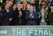 10 November 2024; FAI President Paul Cooke, right, FAI chief executive officer David Courell, centre, and Fianna Fáil politician and former Minister of State at the Department of Tourism, Culture, Arts, Gaeltacht, Sport and Media and Equality, Thomas Byrne, left, after the Sports Direct Men's FAI Cup Final match between Drogheda United and Derry City at the Aviva Stadium in Dublin. Photo by Stephen McCarthy/Sportsfile