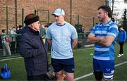 12 November 2024; Dan Sheehan, centre, and Will Connors meet Clongowes Wood College director Michael Shield during a field session as part of the Leinster Rugby 12 County Tour in Clongowes Wood College in Clane, Kildare. Photo by Brendan Moran/Sportsfile