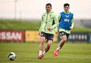 13 November 2024; Jason Knight, left, and Andy Moran during a Republic of Ireland training session at the FAI National Training Centre in Abbotstown, Dublin. Photo by Ben McShane/Sportsfile